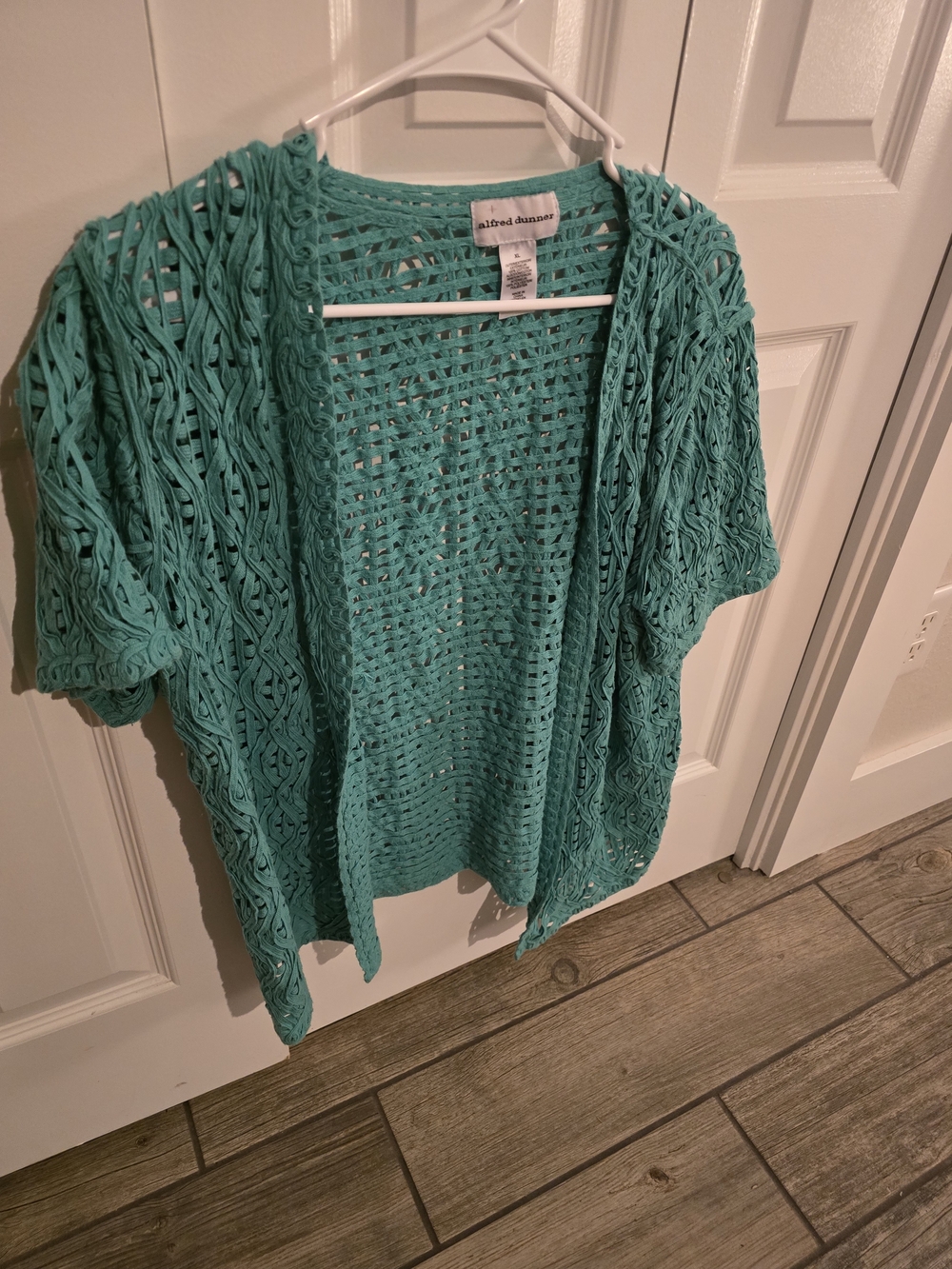 Alfred Dunner Teal Crochet Short Sleeve Open Cardigan Size XL